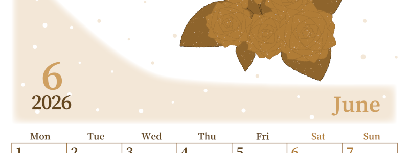 2026年6月縦型レトロな月曜始まり 薔薇イラストのおしゃれA4無料セピア調カレンダー(2026-00650611)