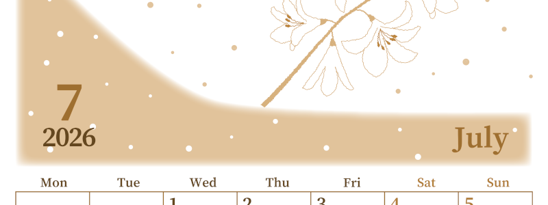 2026年7月縦型レトロな月曜始まり 白ユリのイラストがおしゃれなA4無料セピア調カレンダー(2026-00650711)
