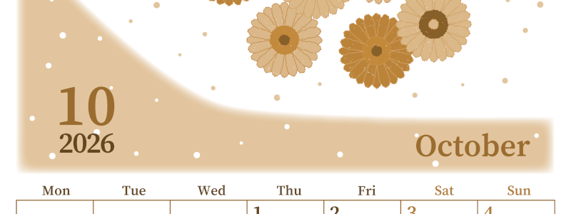 2026年10月縦型レトロな月曜始まり ダリアの花イラストのおしゃれA4無料セピア調カレンダー(2026-00651011)