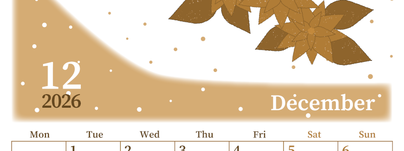 2026年12月縦型レトロな月曜始まり ポインセチアがおしゃれなイラストA4無料セピア調カレンダー(2026-00651211)