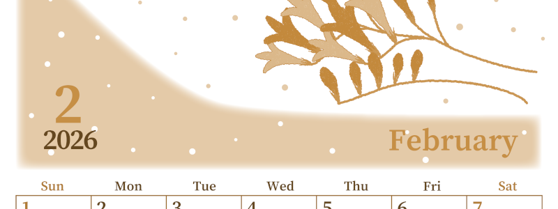 2026年2月縦型レトロな日曜始まり 花がおしゃれなイラストA4無料セピア調カレンダー(2026-00650210)