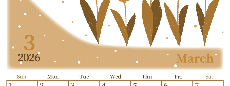 2026年3月縦型レトロな日曜始まり チューリップイラストのおしゃれA4無料セピア調カレンダー(2026-00650310)
