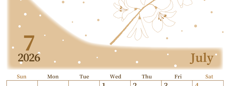 2026年7月縦型レトロな日曜始まり 白ユリのイラストがおしゃれなA4無料セピア調カレンダー(2026-00650710)