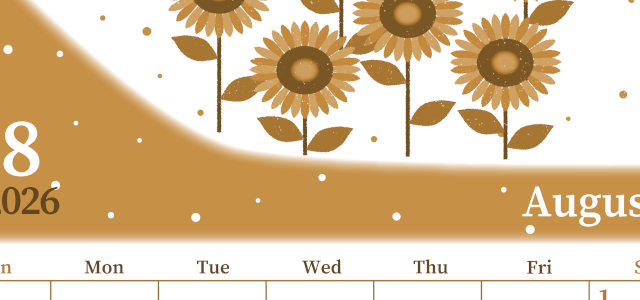 2026年8月縦型レトロな日曜始まり 季節の花イラストのおしゃれA4無料セピア調カレンダー(2026-00650810)