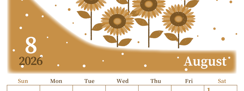 2026年8月縦型レトロな日曜始まり 季節の花イラストのおしゃれA4無料セピア調カレンダー(2026-00650810)