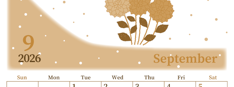 2026年9月縦型レトロな日曜始まり マリーゴールドがおしゃれなイラストA4無料セピア調カレンダー(2026-00650910)