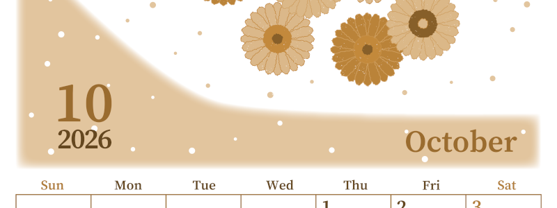 2026年10月縦型レトロな日曜始まり ダリアの花イラストのおしゃれA4無料セピア調カレンダー(2026-00651010)