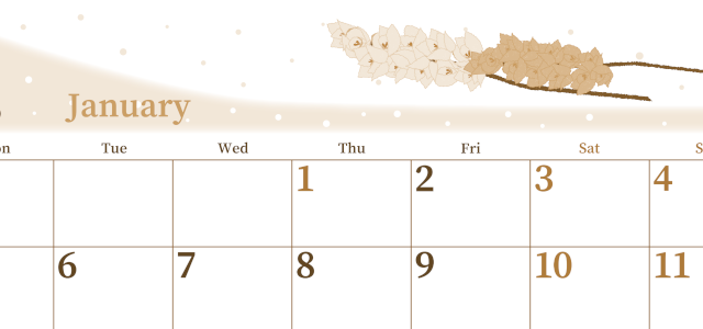 2026年1月横型レトロな月曜始まり 花イラストのおしゃれA4無料セピア調カレンダー(2026-00650101)