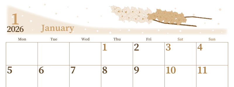 2026年1月横型レトロな月曜始まり 花イラストのおしゃれA4無料セピア調カレンダー(2026-00650101)