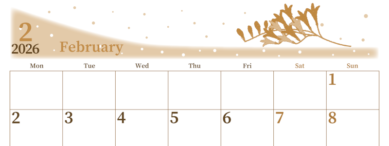 2026年2月横型レトロな月曜始まり 花がおしゃれなイラストA4無料セピア調カレンダー(2026-00650201)