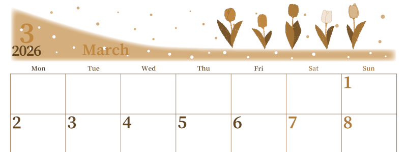 2026年3月横型レトロな月曜始まり チューリップイラストのおしゃれA4無料セピア調カレンダー(2026-00650301)
