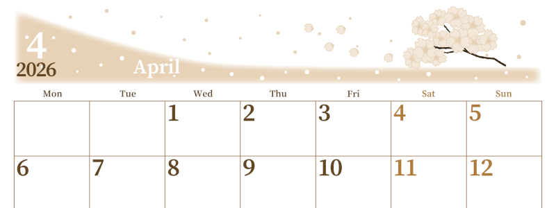 2026年4月横型レトロな月曜始まり 春のイラストのおしゃれA4無料セピア調カレンダー(2026-00650401)