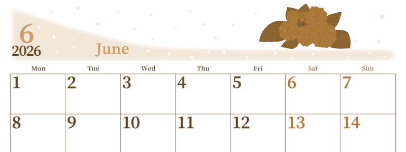2026年6月横型レトロな月曜始まり 薔薇イラストのおしゃれA4無料セピア調カレンダー(2026-00650601)