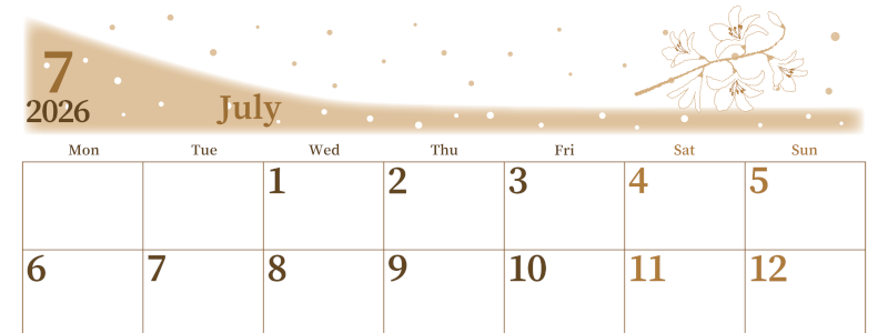 2026年7月横型レトロな月曜始まり 白ユリのイラストがおしゃれなA4無料セピア調カレンダー(2026-00650701)