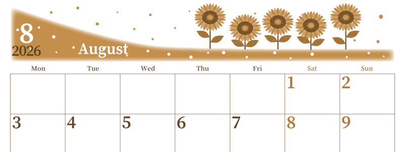 2026年8月横型レトロな月曜始まり 季節の花イラストのおしゃれA4無料セピア調カレンダー(2026-00650801)