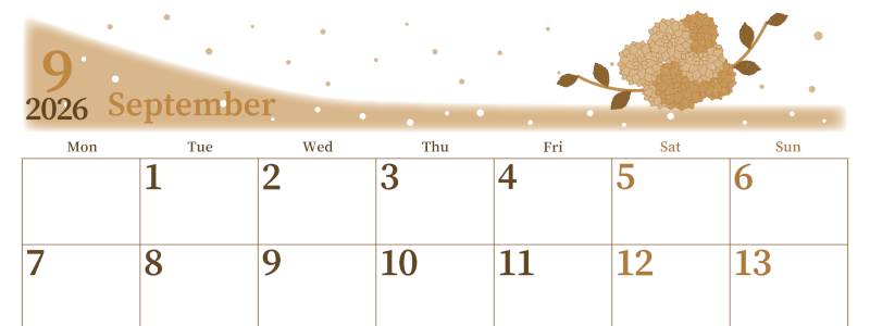 2026年9月横型レトロな月曜始まり マリーゴールドがおしゃれなイラストA4無料セピア調カレンダー(2026-00650901)
