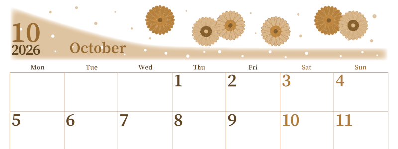 2026年10月横型レトロな月曜始まり ダリアの花イラストのおしゃれA4無料セピア調カレンダー(2026-00651001)