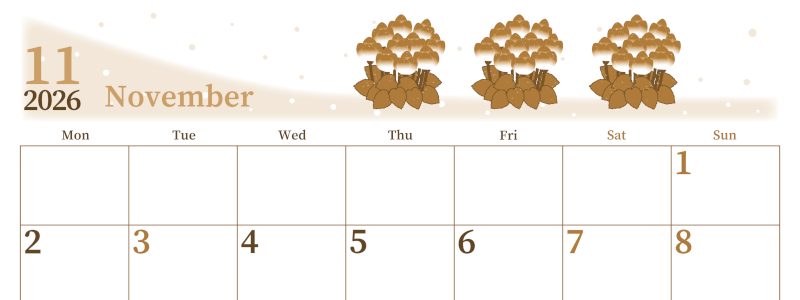 2026年11月横型レトロな月曜始まり シクラメンがおしゃれなイラストA4無料セピア調カレンダー(2026-00651101)