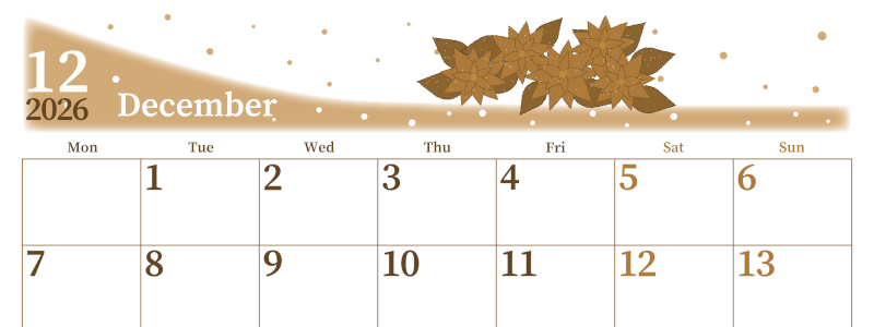 2026年12月横型レトロな月曜始まり ポインセチアがおしゃれなイラストA4無料セピア調カレンダー(2026-00651201)