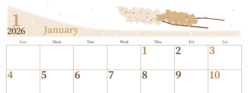 2026年1月横型レトロな日曜始まり 花イラストのおしゃれA4無料セピア調カレンダー(2026-00650100)