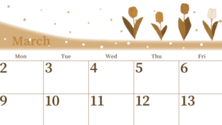 2026年3月横型レトロな日曜始まり チューリップイラストのおしゃれA4無料セピア調カレンダー(2026-00650300)