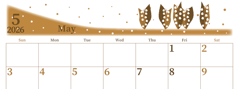 2026年5月横型レトロな日曜始まり 草花イラストのおしゃれA4無料セピア調カレンダー(2026-00650500)