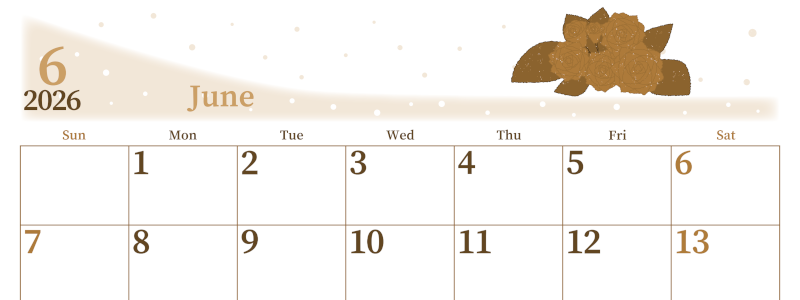 2026年6月横型レトロな日曜始まり 薔薇イラストのおしゃれA4無料セピア調カレンダー(2026-00650600)