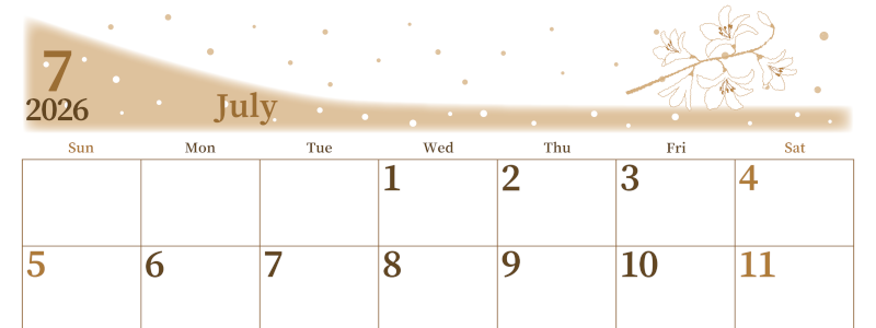 2026年7月横型レトロな日曜始まり 白ユリのイラストがおしゃれなA4無料セピア調カレンダー(2026-00650700)