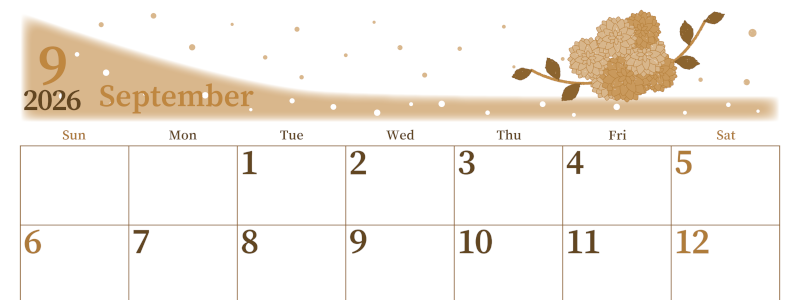 2026年9月横型レトロな日曜始まり マリーゴールドがおしゃれなイラストA4無料セピア調カレンダー(2026-00650900)