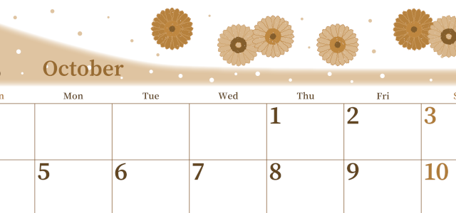 2026年10月横型レトロな日曜始まり ダリアの花イラストのおしゃれA4無料セピア調カレンダー(2026-00651000)