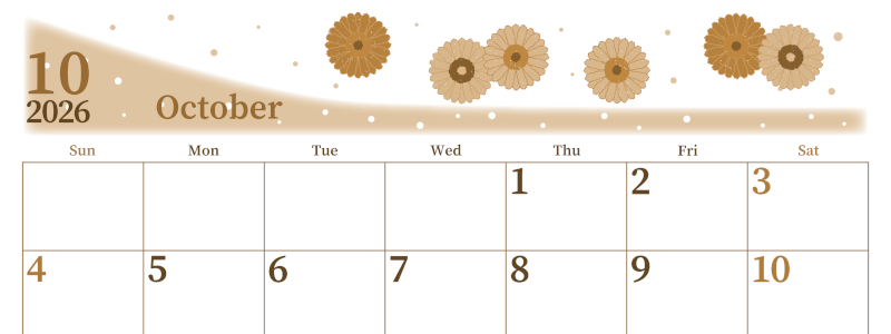 2026年10月横型レトロな日曜始まり ダリアの花イラストのおしゃれA4無料セピア調カレンダー(2026-00651000)