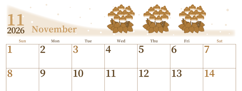 2026年11月横型レトロな日曜始まり シクラメンがおしゃれなイラストA4無料セピア調カレンダー(2026-00651100)