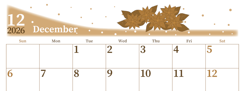 2026年12月横型レトロな日曜始まり ポインセチアがおしゃれなイラストA4無料セピア調カレンダー(2026-00651200)