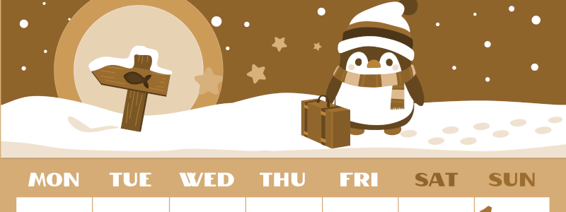 2026年2月縦型レトロな月曜始まり ペンギンのイラストがかわいいA4無料セピア調カレンダー(2026-00660211)