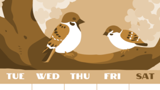 2026年3月縦型レトロな月曜始まり 桜と雀のイラストのかわいいA4無料セピア調カレンダー(2026-00660311)