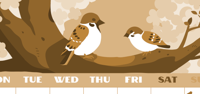 2026年3月縦型レトロな月曜始まり 桜と雀のイラストのかわいいA4無料セピア調カレンダー(2026-00660311)