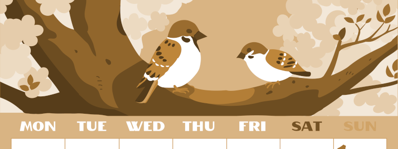 2026年3月縦型レトロな月曜始まり 桜と雀のイラストのかわいいA4無料セピア調カレンダー(2026-00660311)