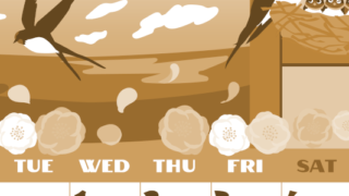 2026年4月縦型レトロな月曜始まり ツバメのイラストがかわいいA4無料セピア調カレンダー(2026-00660411)