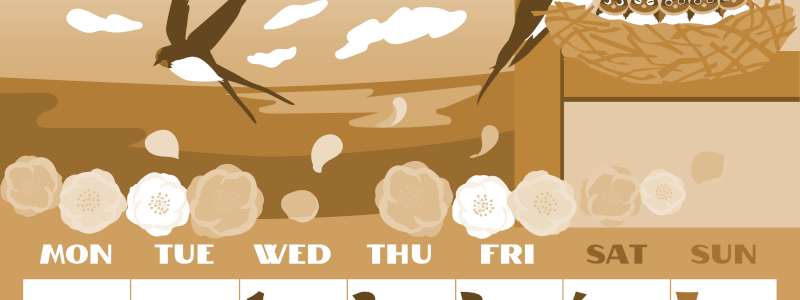 2026年4月縦型レトロな月曜始まり ツバメのイラストがかわいいA4無料セピア調カレンダー(2026-00660411)