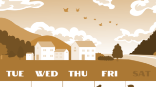 2026年5月縦型レトロな月曜始まり 村のイラストのかわいいA4無料セピア調カレンダー(2026-00660511)