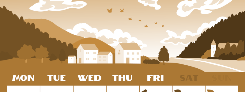 2026年5月縦型レトロな月曜始まり 村のイラストのかわいいA4無料セピア調カレンダー(2026-00660511)