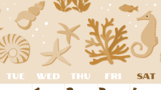 2026年7月縦型レトロな月曜始まり 海の生き物イラストがかわいいA4無料セピア調カレンダー(2026-00660711)