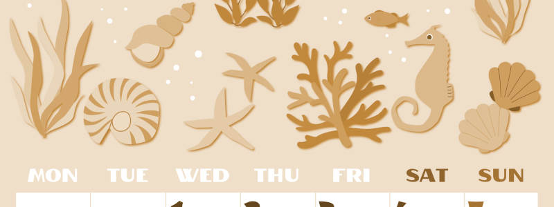 2026年7月縦型レトロな月曜始まり 海の生き物イラストがかわいいA4無料セピア調カレンダー(2026-00660711)