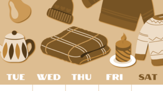 2026年11月縦型レトロな月曜始まり セーターがかわいいイラストA4無料セピア調カレンダー(2026-00661111)