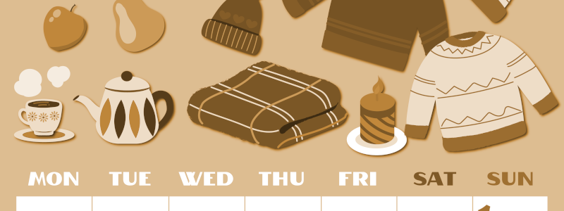 2026年11月縦型レトロな月曜始まり セーターがかわいいイラストA4無料セピア調カレンダー(2026-00661111)