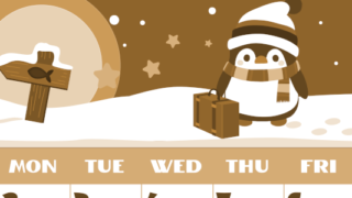 2026年2月縦型レトロな日曜始まり ペンギンのイラストがかわいいA4無料セピア調カレンダー(2026-00660210)