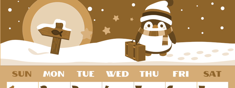 2026年2月縦型レトロな日曜始まり ペンギンのイラストがかわいいA4無料セピア調カレンダー(2026-00660210)