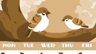 2026年3月縦型レトロな日曜始まり 桜と雀のイラストのかわいいA4無料セピア調カレンダー(2026-00660310)