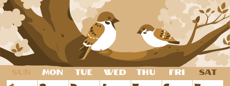 2026年3月縦型レトロな日曜始まり 桜と雀のイラストのかわいいA4無料セピア調カレンダー(2026-00660310)