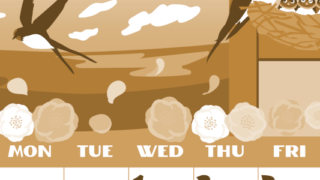 2026年4月縦型レトロな日曜始まり ツバメのイラストがかわいいA4無料セピア調カレンダー(2026-00660410)